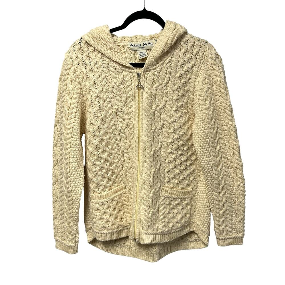 Aran Mor Cream Merino Wool Hooded Full Zip Cable Knit Cardigan Medium Ireland